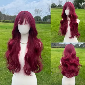 SMILCO 28-inch Claret Red Bodywave Long Hair Wig with Bangs SM023 Synthetic Material Heat Resistant Adjustable Strap Mesh Cap