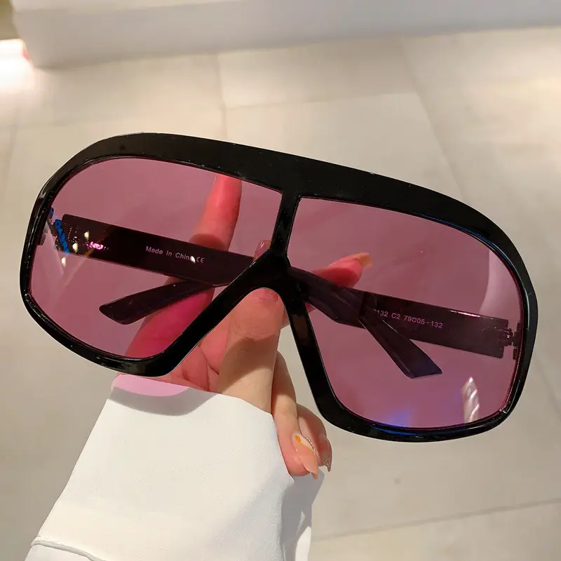 Unisex Oversized Wrap Around Shield Sunglasses, Solid Black Frame Pink Tinted Lens Trendy Retro Y2K Stylish UV400 Protection Shades Ideal for Streetwear, Rave Party and Daily Fashion Casual Wear