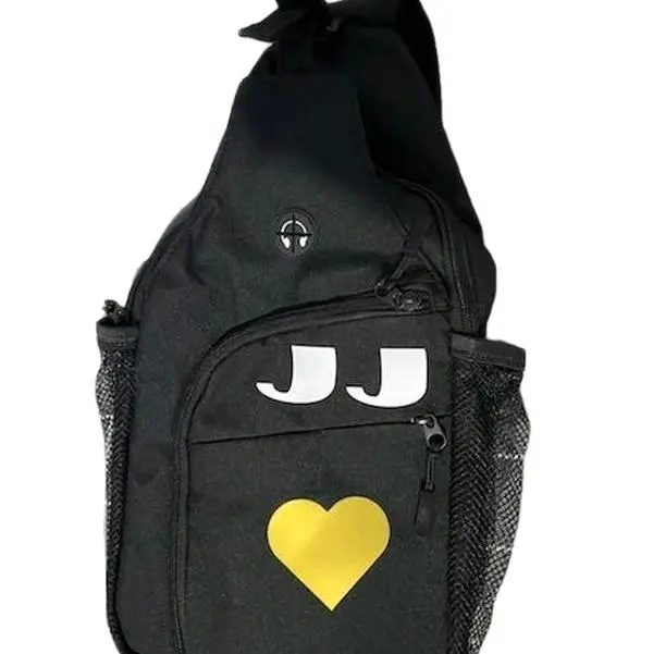Crossbody black bag with custom name and image.