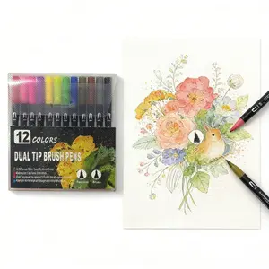 12 Dual-Ended Watercolor Pens Set, Vibrant Colors, Ideal for Drawing Sketching Crafts, Student Painting Supplies, Durable Plastic Material, Professional Sketch Markers