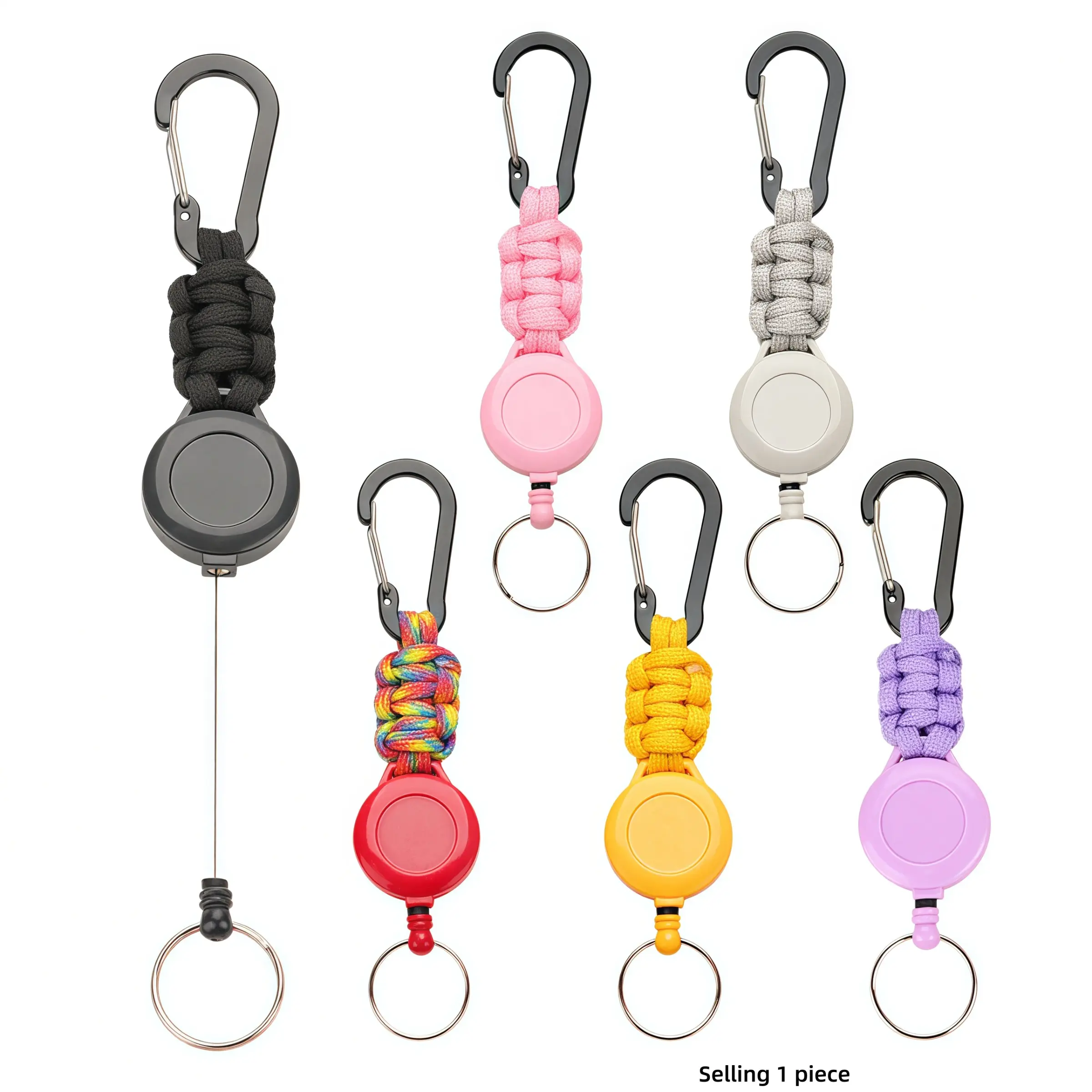 Retractable Keychain with Paracordo Braided Strap and Buckle, Adjustable ID Badge Reel Key Holder, Keyrings for Outdoor, Hiking, Work, Gift Keychain