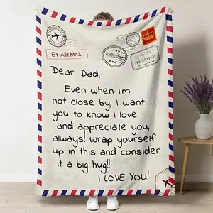 Dear Dad Warm Hug Flannel Graphic Blanket Throw - Air Mail Letter Vintage Pattern, Soft Cozy Nap Blanket for Sofa, Sentimental Father's Day Birthday Gift from Kids, Warm Hug Throws, Graphic Blanket Throws