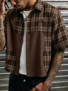 Men's Retro Street Style Color Block Patchwork Plaid Short Sleeve Cropped Shirt, Suitable For Daily Wear, Street Outings And Casual Gatherings
