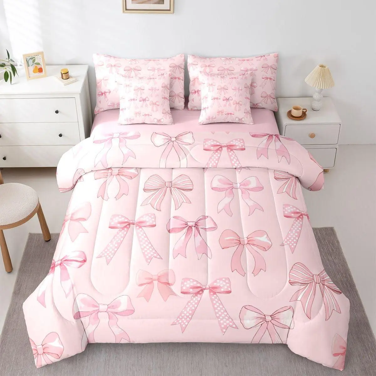 Coquette Bow Motif 7-Piece Queen Bed in a Bag Set - Durable Geometric Microfiber Bedding with Comforter, Sheets, Pillowcases, Cushion Cover, Breathable Softness, Multi-Size Option, Machine Washable for Girls' Room Decor, Seven Pieces