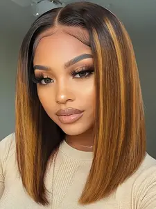 Women's 13x4 Lace Front Wig, Human Hair Bob Honey Blonde Ombre to, 150% Density No Glue Short Wig, Pre-Plucked Hairline
