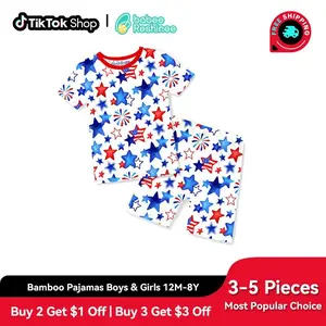 Babee Reshinee Toddler 4th of July Pajamas Boys Girls Bamboo Viscose Short Sleeve PJs Set, Patriotic Red White Blue Stars Fireworks Summer Sleepwear, Snug Fit Kids Pajamas 12M-8Y, 2 Piece,summerwins,gifts