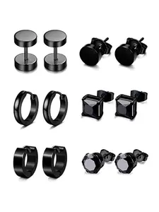 Stainless Steel Earring Set, 12PCS Black & Silver Stud & Hoop Earrings with CZ & Geometric Designs, Unisex, Stackable Earrings