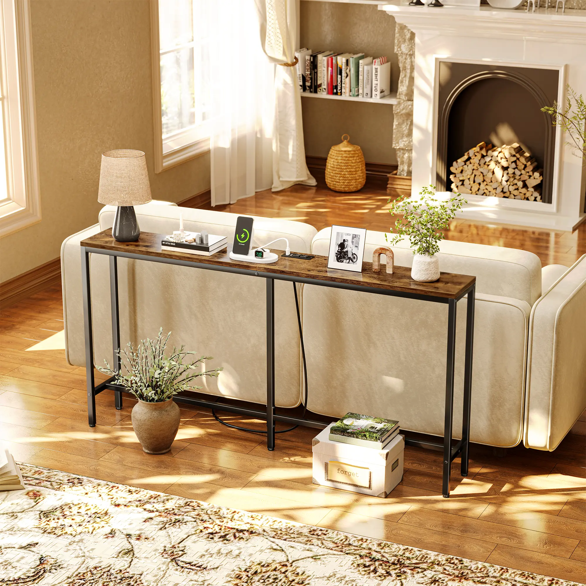 SUPERJARE Console Table with Outlet, 63 Inch Sofa Table with Charging Station, Narrow Entryway Table, Skinny Hallway Table, Behind Couch Table, for Living Room, Plants, Living Room Tables, Adjustable Feet