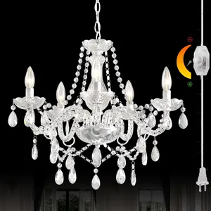 DIMMABLE Plug-in Glass Chandelier 5 Light Crystal, White Hanging Pendant Light Fixture with Cord, Classic Vintage K9 Crystals Beads