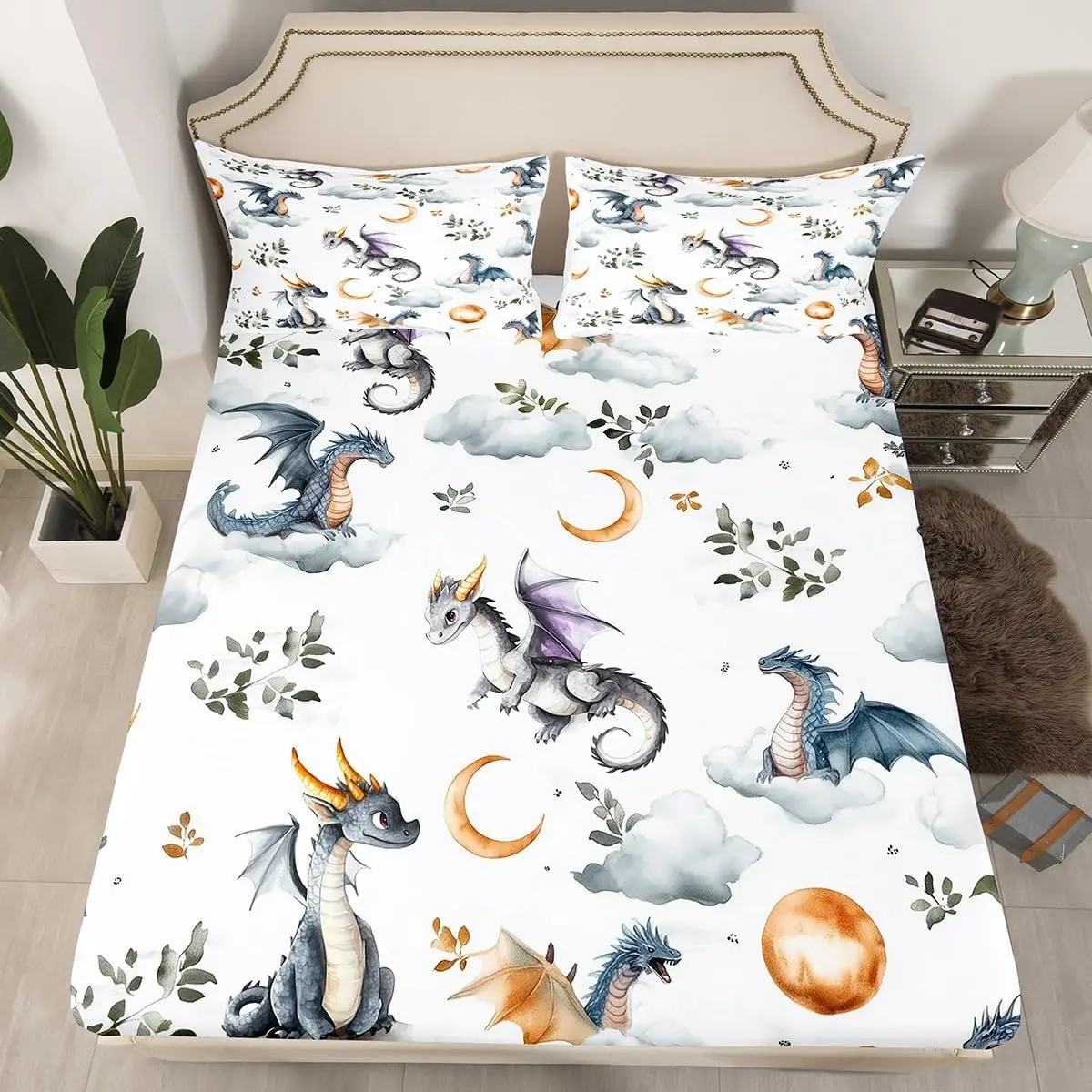 Western Dragon Fitted Sheet,Cute Flying Dragon Bedding Sets,Star Moon Leaves Bed Sheet Room Decor,Wild Animals Plant Deep Pocket Sheet