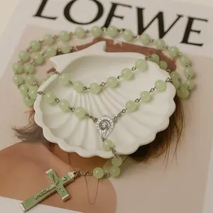 Luminous Rosary Style Rearview Mirror Hanging Beads, Glow-in-the-Dark 8mm Acrylic Bead Necklace with Alloy Cross and Maria Pendant, 38" Decorative Car Mirror Charm