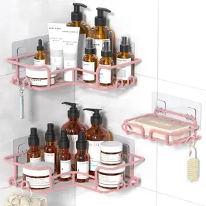 Wall Mounted Shower Shelves, Bathroom Accessories Storage Corner Rack Set, Birthday Mother's Day Gift Idea, Home Essentials Punch Free Organizer Hollow  Soap Spray Water Proof modern toilet