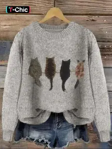 Women's Cat Print Drop Shoulder Soft Knitted Sweater, Casual Long Sleeve Round Neck Animal Print Jumper for Fall & Winter, Fashion Ladies' Knitwear for Daily Wear, Womenswear, Knitting Fit