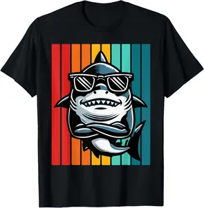 Cool Retro Shark in Sunglasses 70s 80s 90s Funny Shark T-Shirt comfortable short sleeve Cotton Fabric