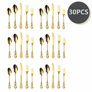 30-Piece Gold Silverware Set, Luxury Golden Flatware Set , Retro Royal Stainless Steel Cutlery , Anti-Rust Forks Spoons Knives , Flatware, elegant tableware, Dinner Utensils, Dinnerware Cutlery, Wedding Gift Tableware,Halloween Tableware