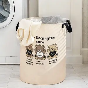 Durable Laundry Basket with Handle, Bear Print Design, Foldable Clothes Storage Bin, Large Capacity Toy Organizer, Reusable Home Use, Laundry Hamper Basket, Collapsible Laundry Hamper