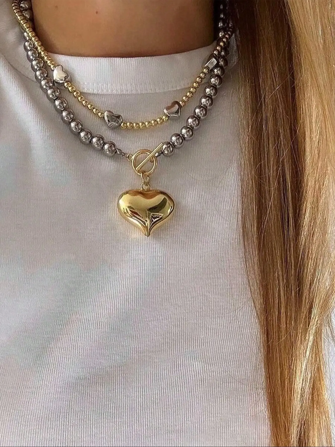 Elegant Heart Bead Multilayer Necklace Set, 2-Piece Layered Design Jewelry for Women, Perfect Party Gift, Versatile Fashion Accessory, Elegant Beaded Necklace, Decorative Beaded Necklaces