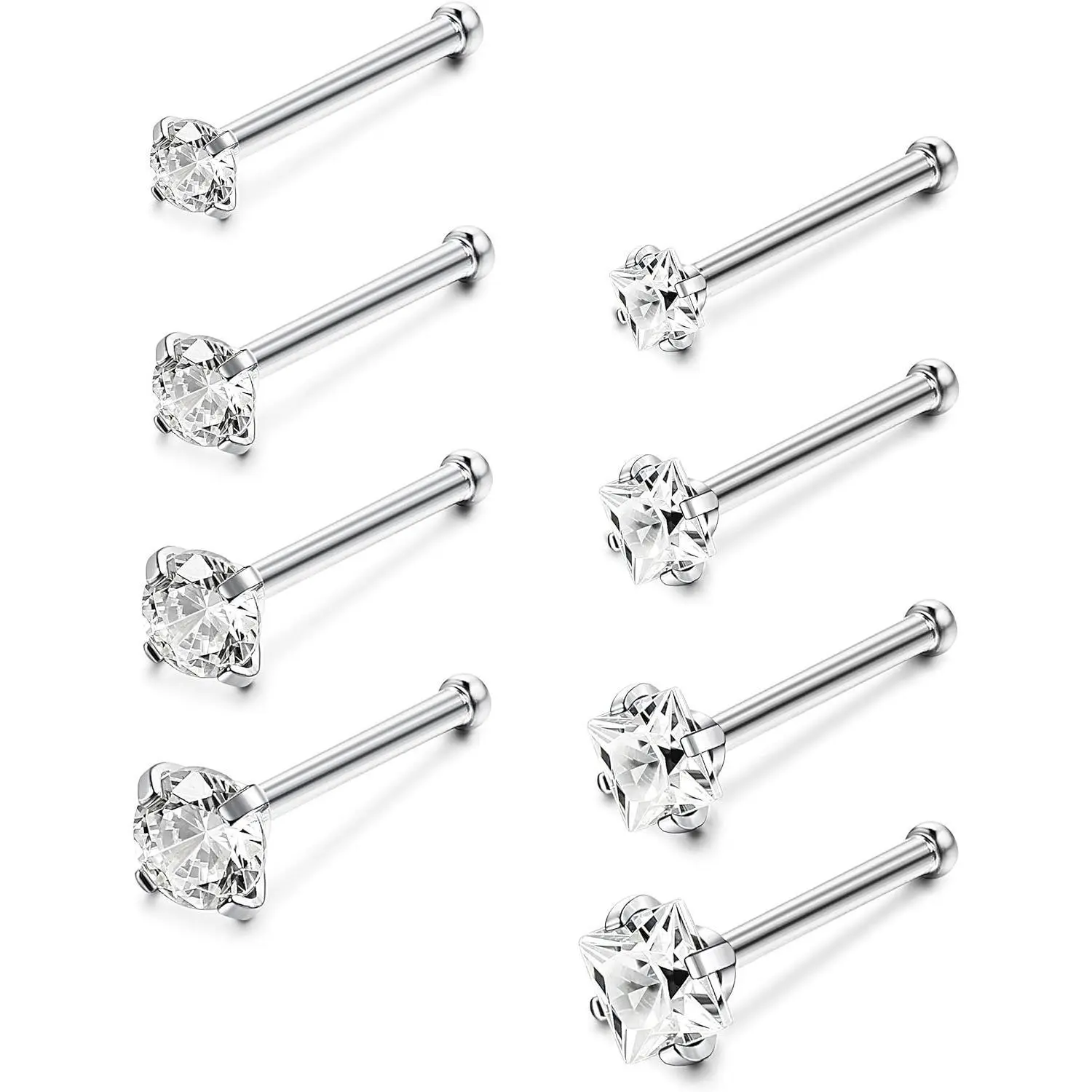 CASSIECA 8-Count 18G-20G Stainless Steel Nose Piercing Jewelry, Unisex Surgical Nose Studs with Cubic Zirconia Labret, 1.5mm-3mm Sizes, Daily Wear Piercing Retainers