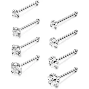 Cassieca 8 Count Stainless Steel Nose Rings 18G 20G Surgical Nose Rings Studs Cubic Zirconia Nose Ring Labret Nose Piercing Jewelry for Women Men 1.5mm 2mm 2.5mm 3mm Daily