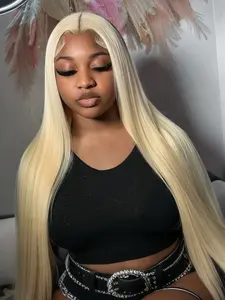 Blonde 613B Front Lace Synthetic Wig, Women Girls, Smooth Long Straight Hair, No Glue, Natural Parting, Heat Resistant Fiber, 28 Inches