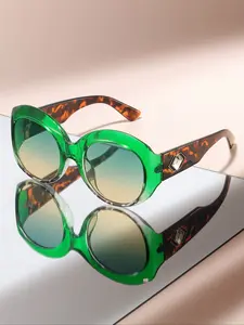Large Frame Round Fashion Flat Mirror Legs Rhinestone Decor Shiny Luxury Trend Non-prescription Glasses, Casual Style All Seasons, Sunglasseswomen, Rhinestone Decorated Sunglasses