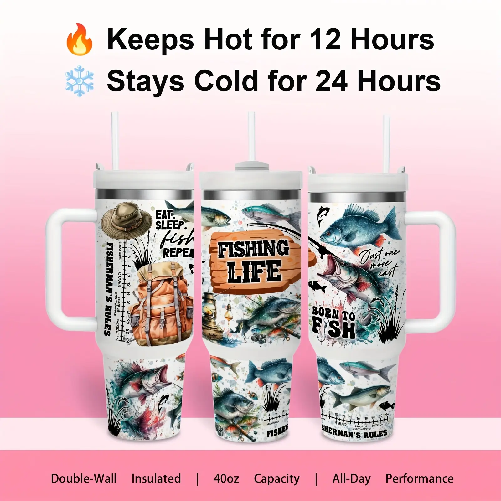 40oz Portable 304 Stainless Steel Tumbler - Fish Print, Fisherman's Lifestyle Drinkware, 24H Cold & 12H Hot Retention