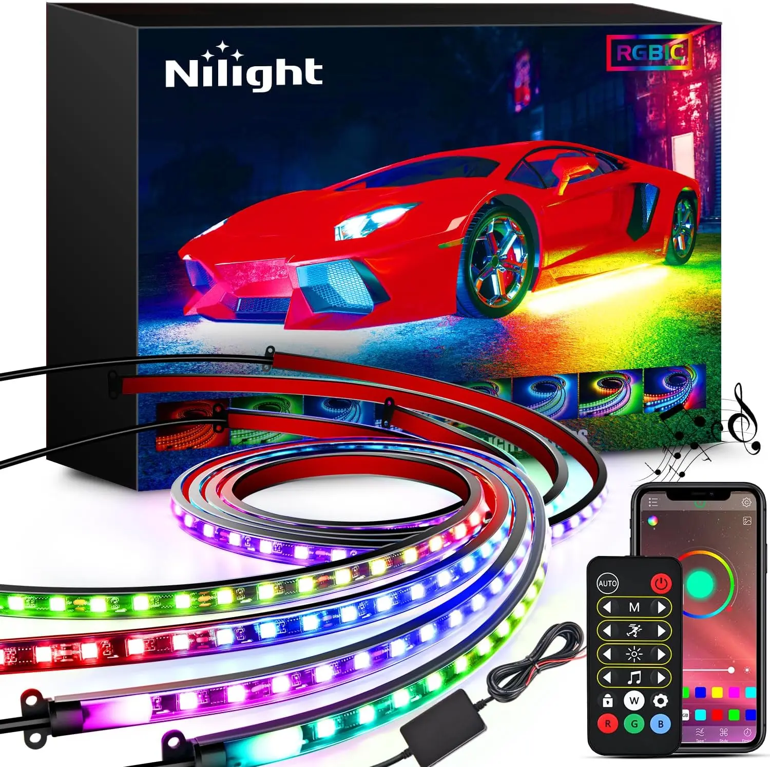 Nilight 4Pcs LED Car Underglow Neon Light Strips with Rubber Tube - Car Accessories, 256-LED RGBIC Multi-Color DIY, Music Sync Sound-Active Mode, Adhesive + Clips Mounting, App/Remote Control, Led Lights