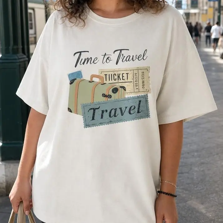 Time to Travel Retro Suitcase Graphic Tee Women's 100% Cotton Breathable Vacation Airport Shirt