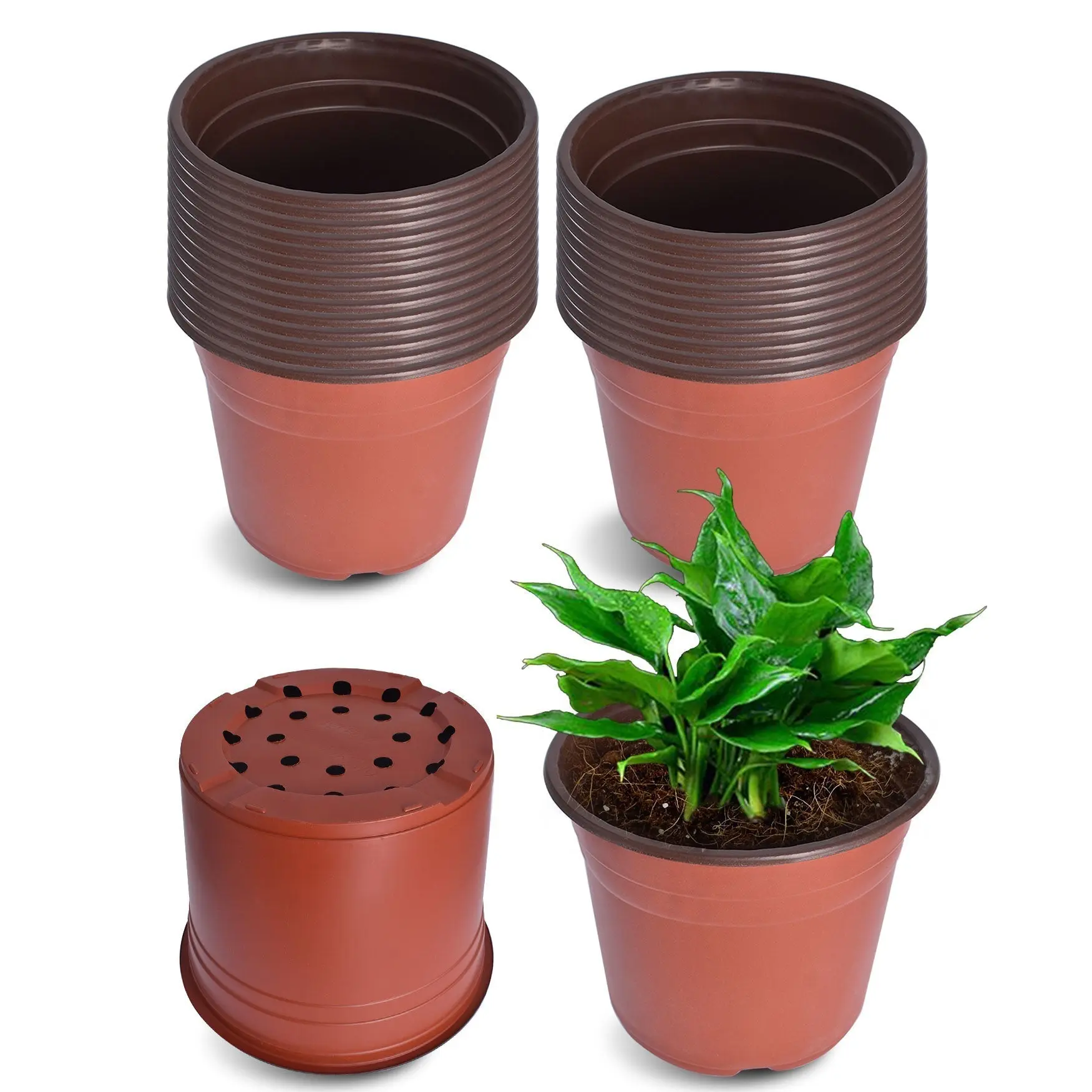 Findmall 100Pcs Plastic Textured Round Stackable Breathable Portable Nursery Pots with Balanced Drainage, Garden Accessories for Seedlings, Flower Vegetable Planting & Plants in Pot