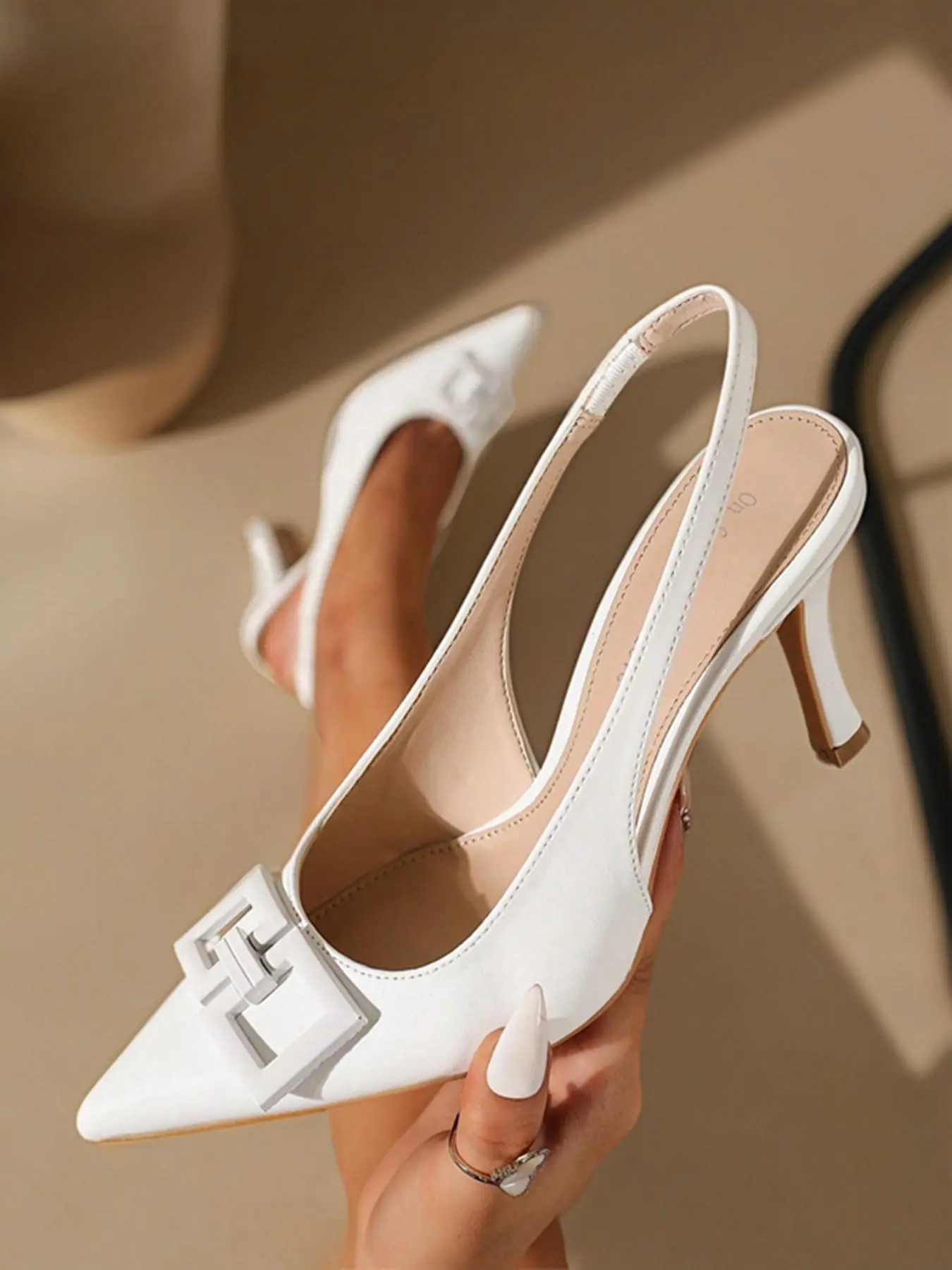 Women's New Fashion Elegant Pointed Toe Low Heel Square Buckle High Heels, Slingback High Heel, PU Leather, Plain Pattern, All Seasons, Versatile Shoes, Classy, Stylish, Heeled, Footwear, Evening Footwear
