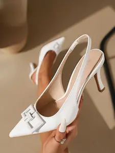 Women's New Fashion Elegant Pointed Toe Low Heel Square Buckle High Heels, Slingback High Heel, PU Leather, Plain Pattern, All Seasons, Versatile Shoes, Classy, Stylish, Heeled, Footwear