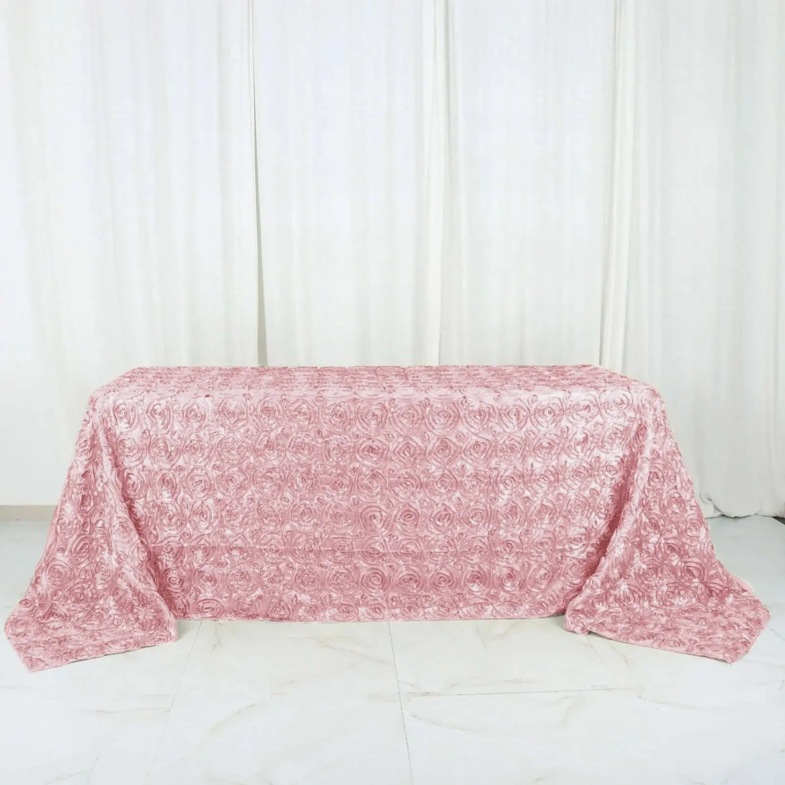 90"x132" Blush Pink Satin Rectangle Tablecloth - Grandiose 3D Rosette Dry-Cleanable Table Cover for Party, Wedding Party Decoration, Event Decor