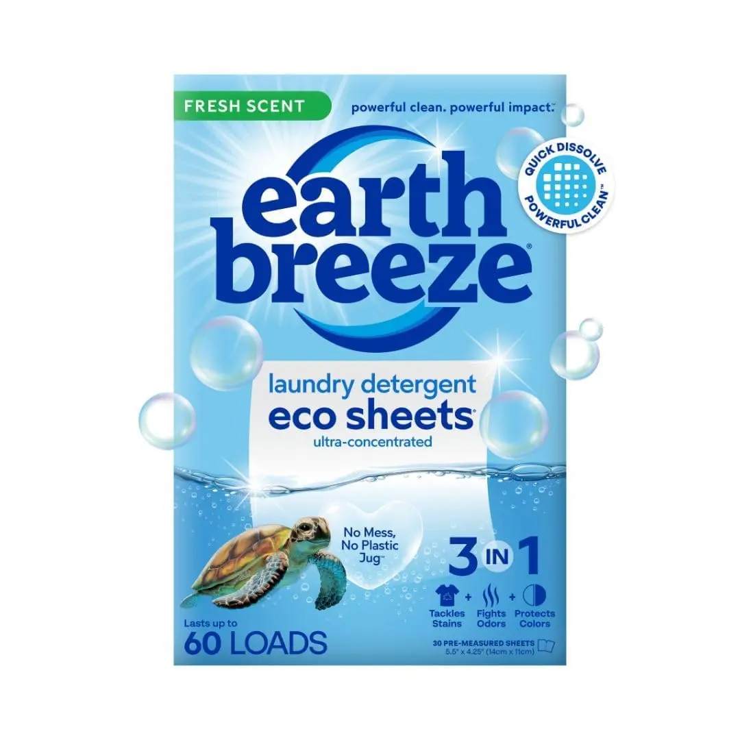 Earth Breeze Laundry Detergent Sheets Fresh Scent – Clean Ingredients, No Harsh Chemicals, Hypoallergenic, Gentle on Sensitive Skin, Travel-Friendly, Lightweight Soap Sheets (60 Loads, 30 Ct)