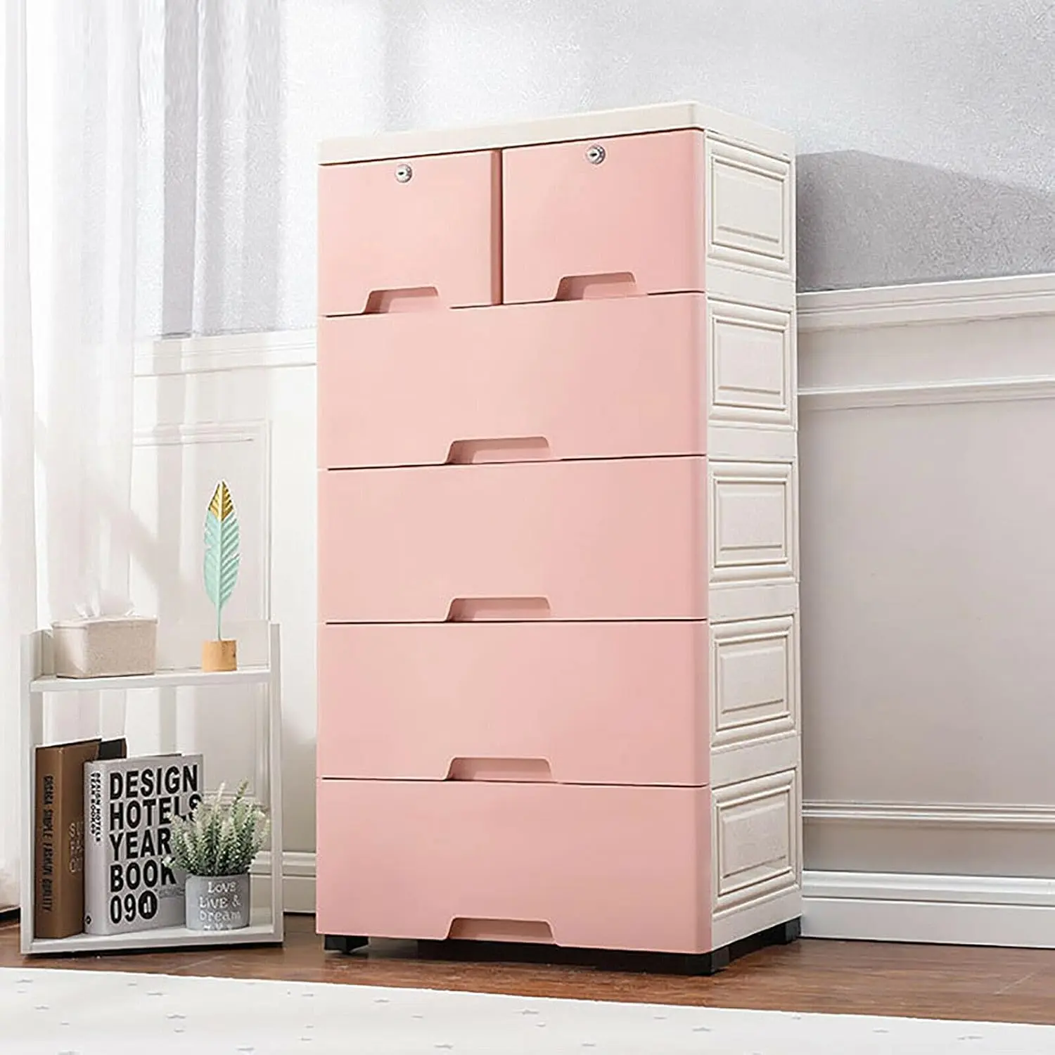 Pink 6-Drawer Modern Vertical Plastic Apartment Cabinet - Mobile Storage Unit with Wheels Base, Closet Drawers System, Easy Pull Out Handles, 4 Wheels, 2 Lockable Top Small Compartments (With Keys) for Nurseries, Any Room of the Home, Dresser Storage Unit