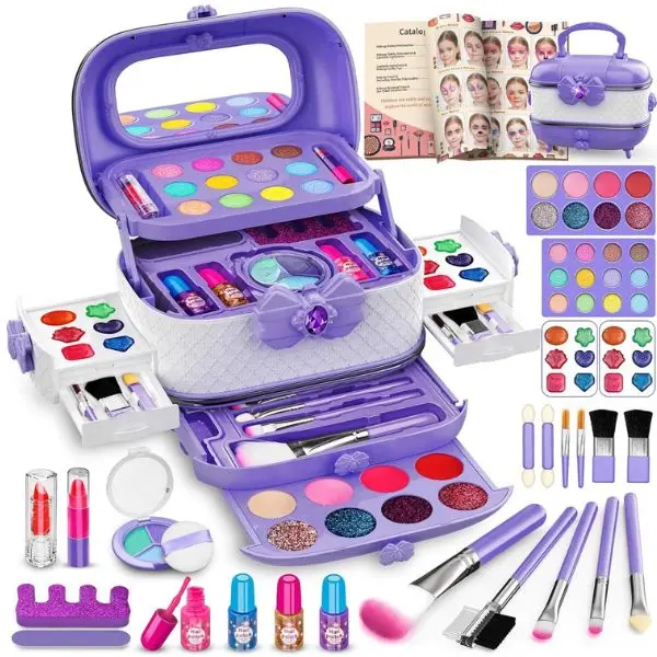 Halloween Fall Gift 58 Pcs Kids Makeup Toys Kit for Girls, Real Washable Make Up Set | Safety Material Certificates, Non-Toxic, Storage Case with Mirror, Birthday Gift for 3 4 5 6 7 8 9 10 11 12 Year Old (Purple)