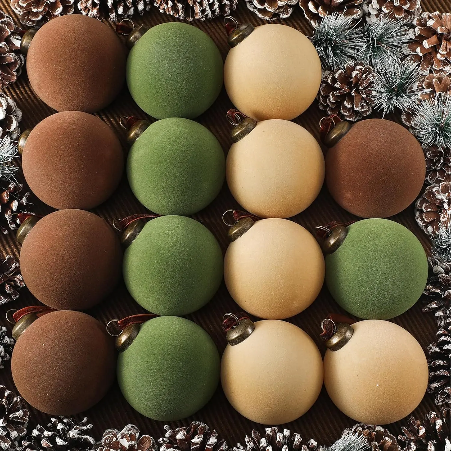 15 count  Christmas Balls Bulk Flocked Christmas Tree Ball Ornaments Plastic Xmas Decorative Hanging Ornaments(Brown, Green, Beige,3.15 Inch)