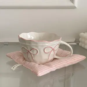 Bow Decor Ceramic Mug, 1 Count Large Capacity Couple Cup, Drinking Cup for Home Decor, Coffee Latte Cup, Ceramic Tea Cup, Holiday Gift, Exquisite Gift, Drinkware, Heart Coffee Cup, Coffee Cups Gift