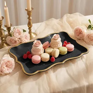 10 Black Rectangle Trays with Gold Rim Border for Elegant Dessert Table Serving Parties 9" X 13" Heavy Duty Disposable Paper Cardboard for Platters, Cupcake Display, Birthday Party, Weddings Food Safe