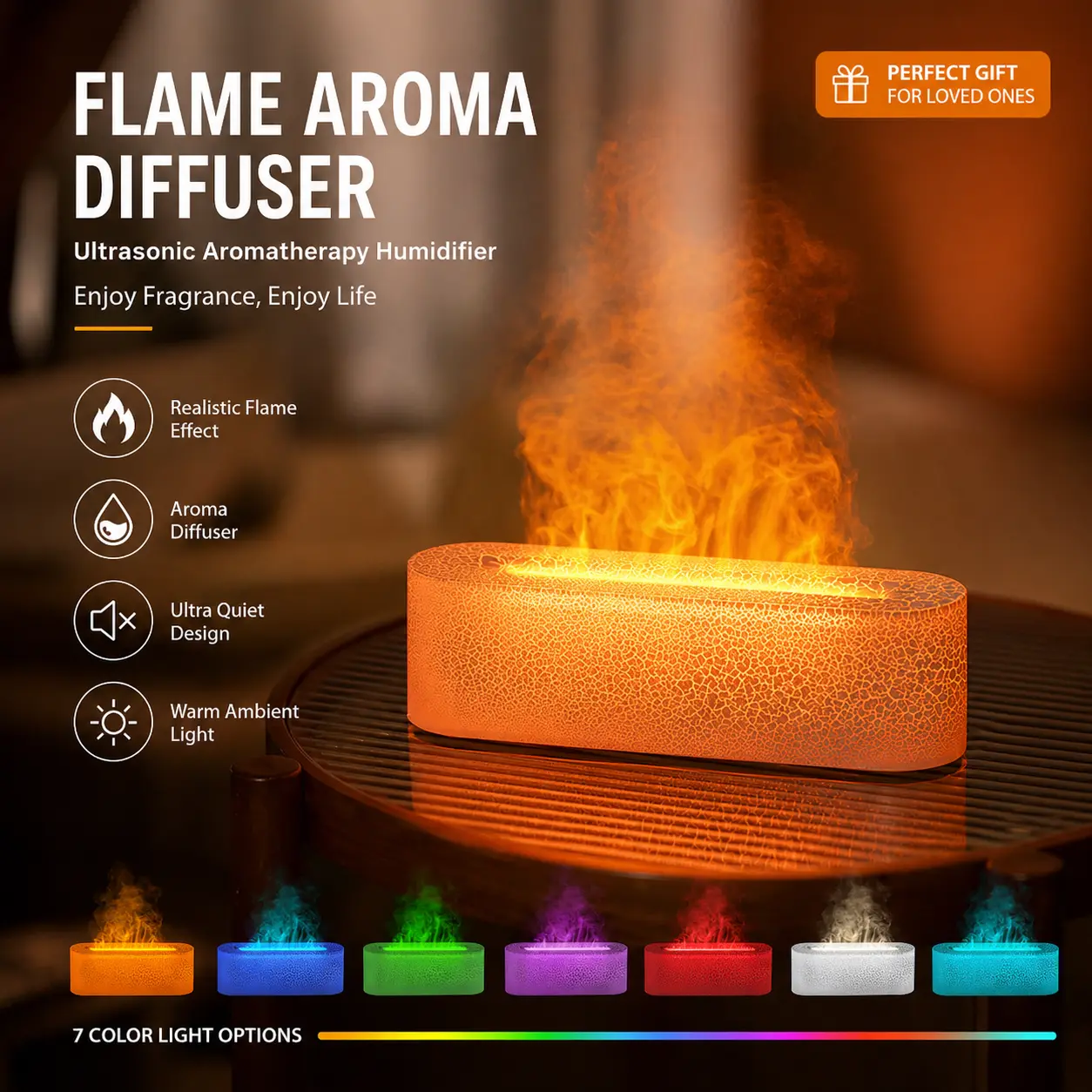150ml Plastic Cool Mist Ultrasonic Flame Diffuser Humidifier - USB Port, Scented Essential Oil Aromatherapy Dispenser, 7-Color Changing LED Fire Lamp Nightlight, 1h/3h/5h Timer, Waterless Auto-Off, No Noise, for Gaming Room Decor, Household Cool Gadget, A