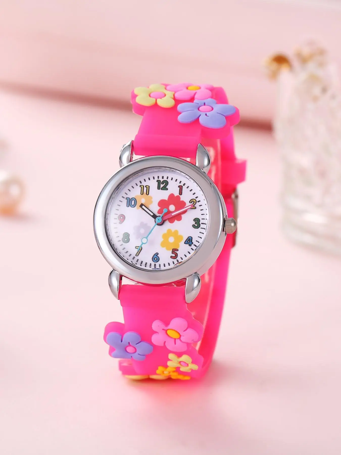 Cute Cartoon Flower Pattern Round Dial Quartz Watch without Box, Fashionable Flower Silicone Strap Wristwatch for Kids, Perfect Gift for Girls