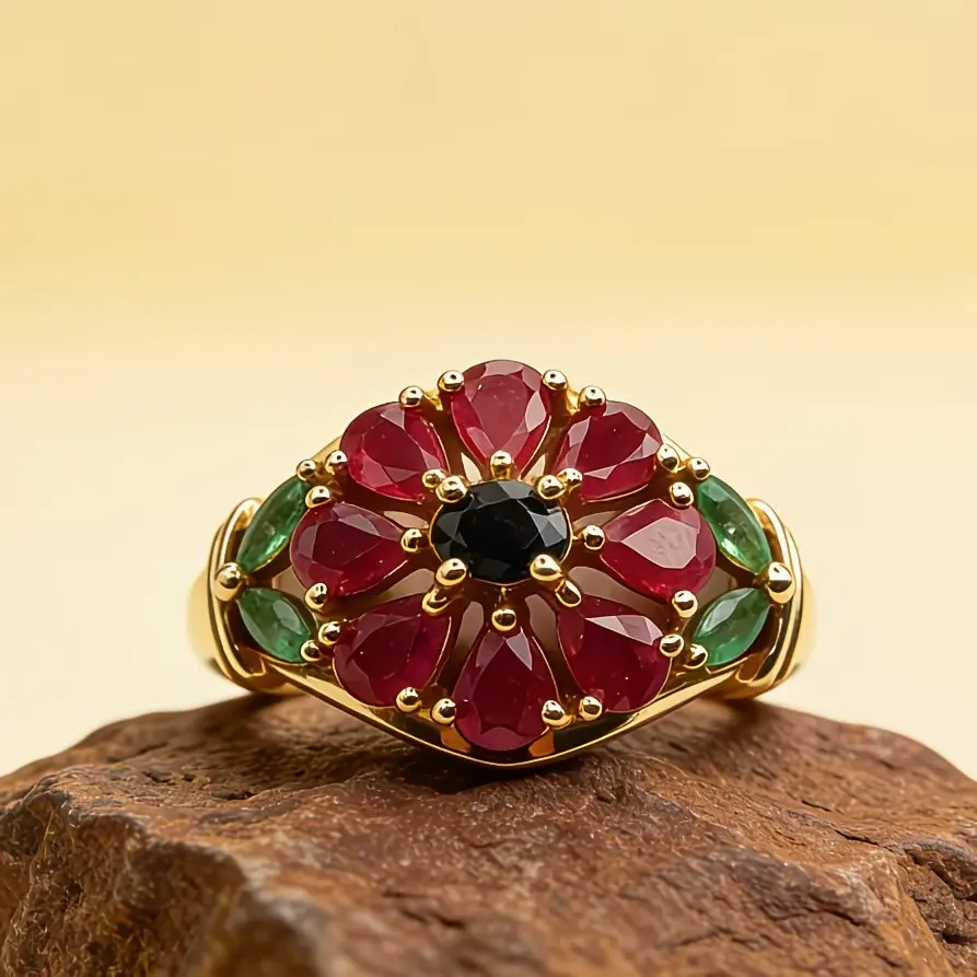 Women's Vintage Floral-Shaped Cluster Style Bold Ring - Multi-Color Synthetic Cubic Zirconia Cocktail Ring, Vintage Garden Jewelry Gift, Vintage Rings, Cubic Zirconia Rings