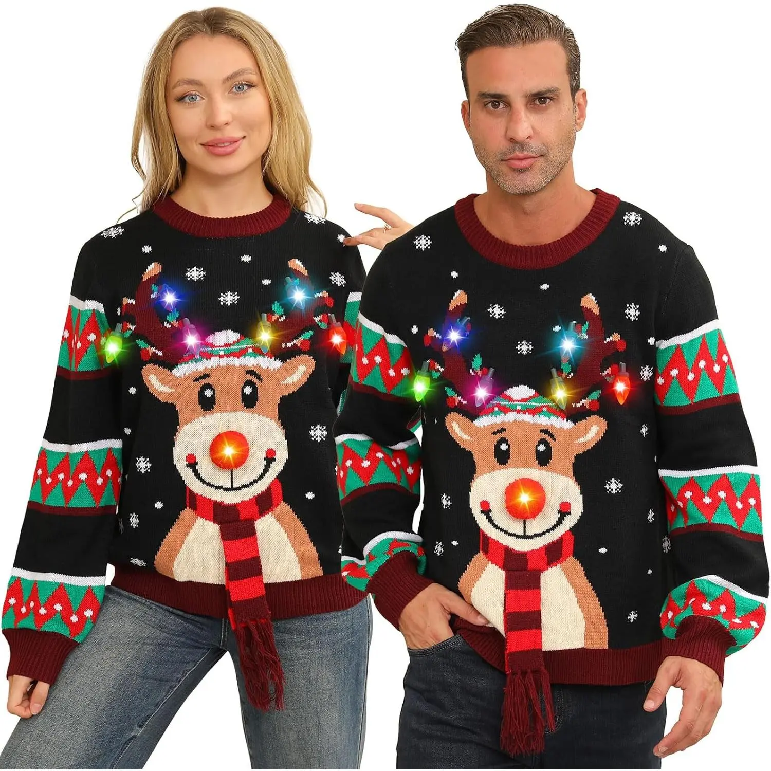 LED Light-Up Ugly Christmas Sweater, Long Sleeve Round Neck Clothes for Couples - Funny Cute Reindeer Tacky Xmas Women's Clothes