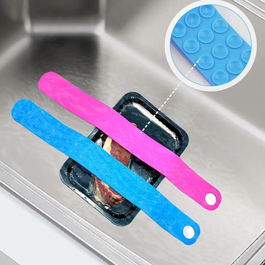 Thaw Belt, 2 Pack Silicone Sink Thawing Fixator Belt, Longer Faster & Safer Defrosting Belt for Frozen Meat and Vegetable, Super Suction Meat Defroste