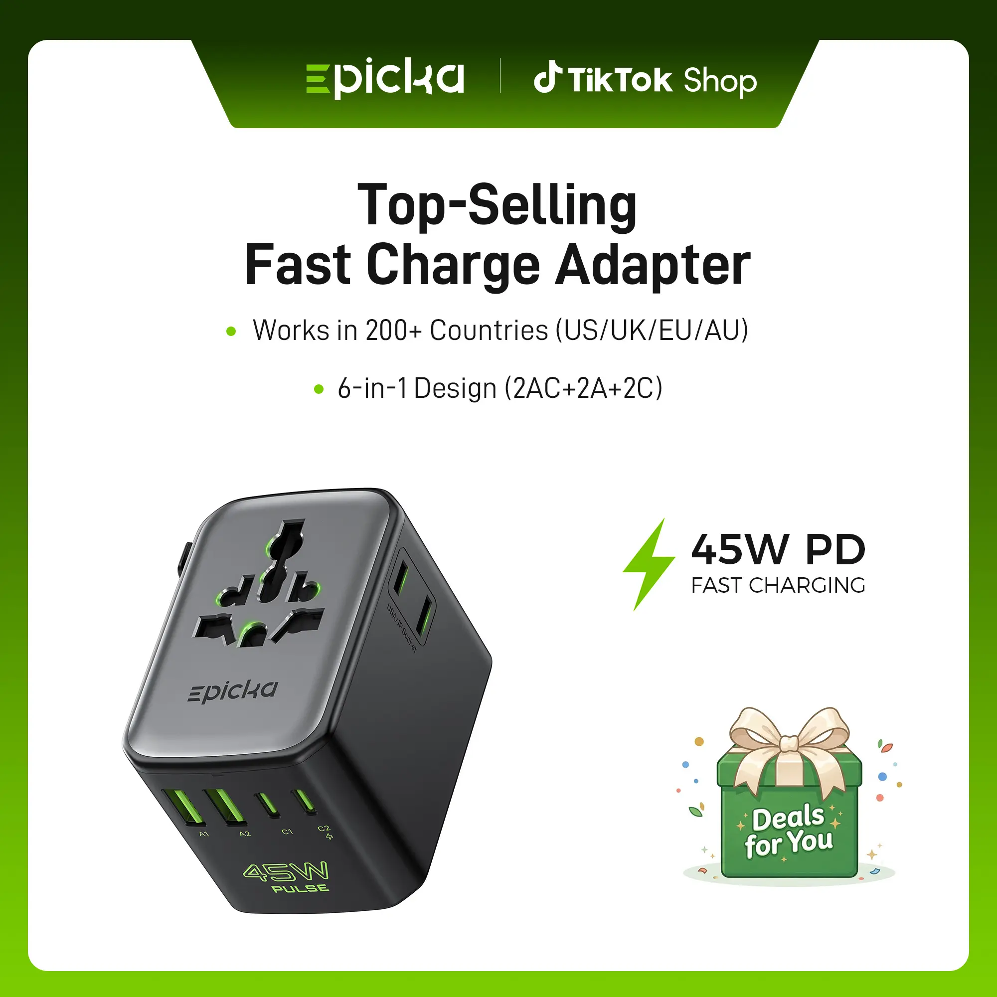 Pulse Duo 45W Universal Travel Adapter - EU Type Plug, 6-in-1 Hub, C-Type, Dual-Port Multi-Device, Multi-Country Fast Charger Accessory for Electronic Devices, 6-In-1 Hub Adapters, C-Type Adapters