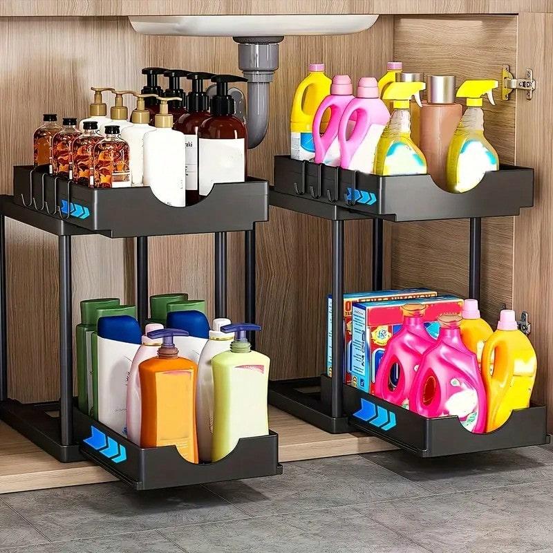 TAIMASI 2-Tier Under Sink Storage Organizer - 1pc Pull-Out Organizers With Slide Out Shelf And Metal Sliding Drawer For Kitchen, Bathroom, Pantry Cabinet, And Closet Organization - Space-Saving Solution For Maximizing Storage Capacity