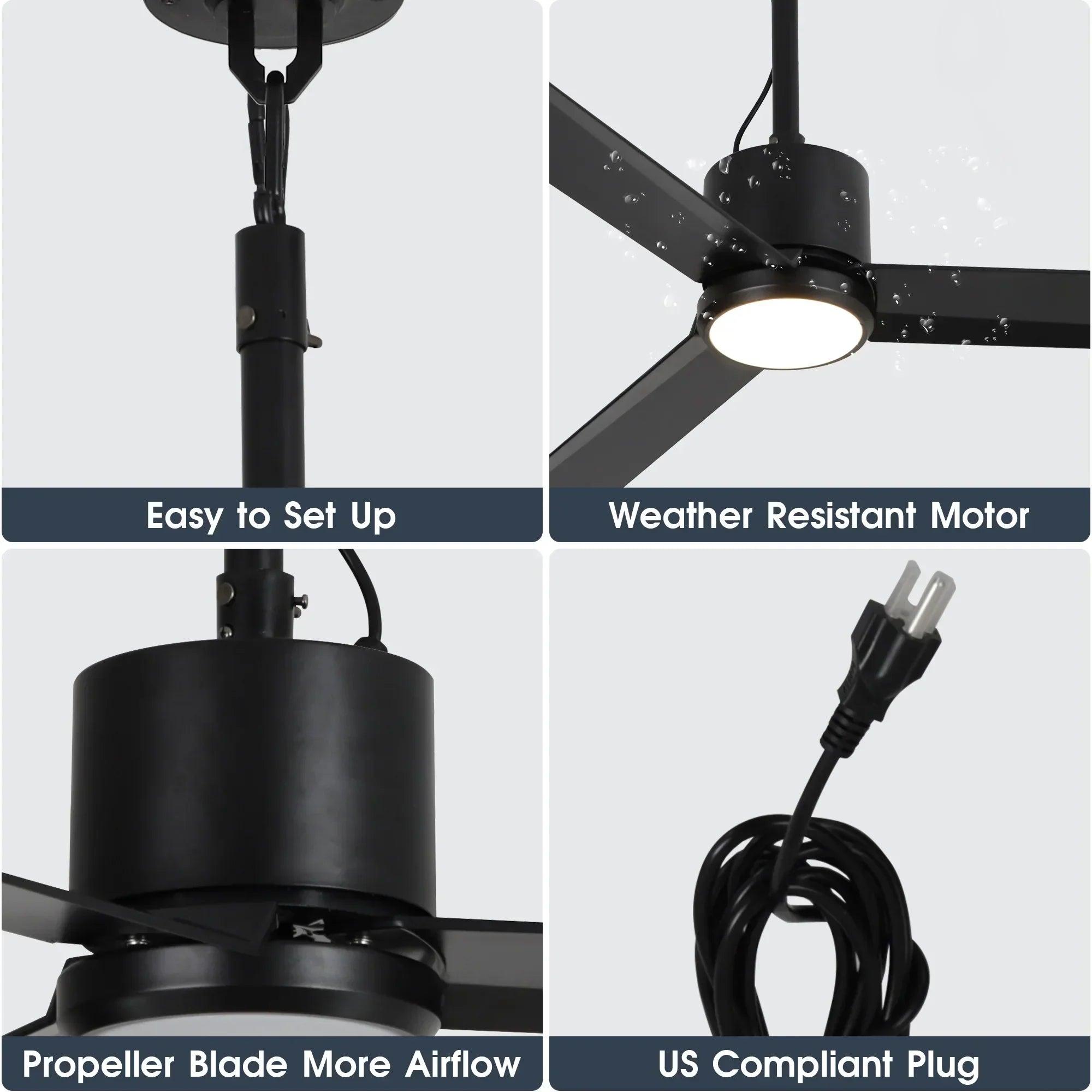 42" Outdoor/Indoor Ceiling Fan with Light | IP65 Waterproof Black | Remote & Convenient Hanging Hook