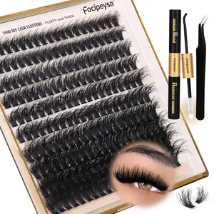 Focipeysa Lash Extension Kit Thick Eyelash Extension Kit 10-18mm Volume Lash Clusters 200D Individual Eyelashes Kit with Lash Bond, Lash Remover, Lash Applicator, DIY Lashes Extension
