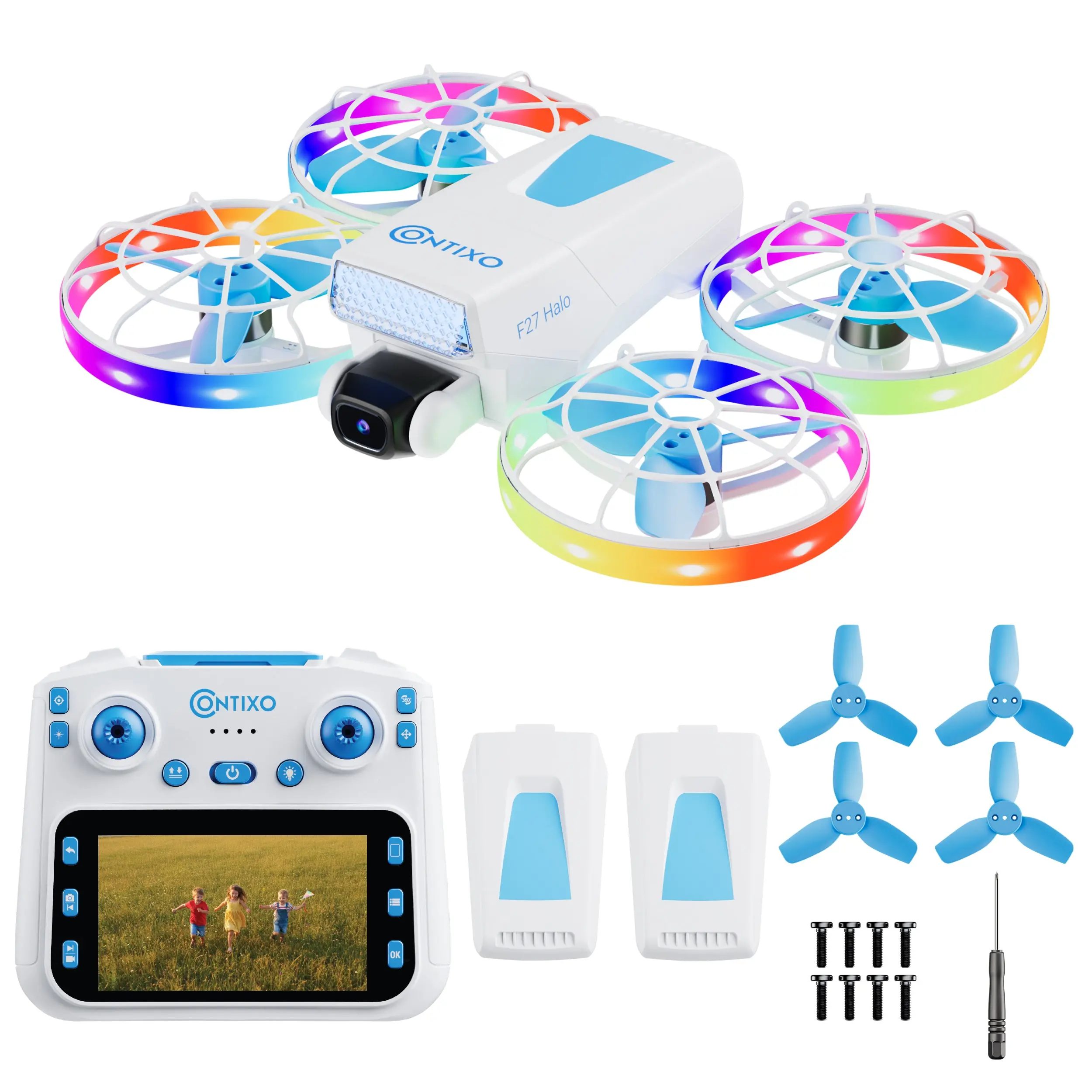 Contixo F27 Halo Mini Foldable Drone with 4.3" Screen Remote, LED Light-Up, HD Dual Camera 720P, Optical Flow Hover, One-Key Takeoff/Landing, 360° Stunts, 350 ft Range