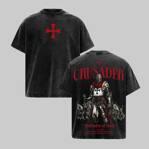 Crusader Defender of Faith Vintage Washed Oversized T-Shirt, 2 Timothy 1:7 Scripture Knight Graphic Tee, Heavy Cotton Medieval Christian Streetwear Top, Unisex Dark Gothic Warrior Shirt
