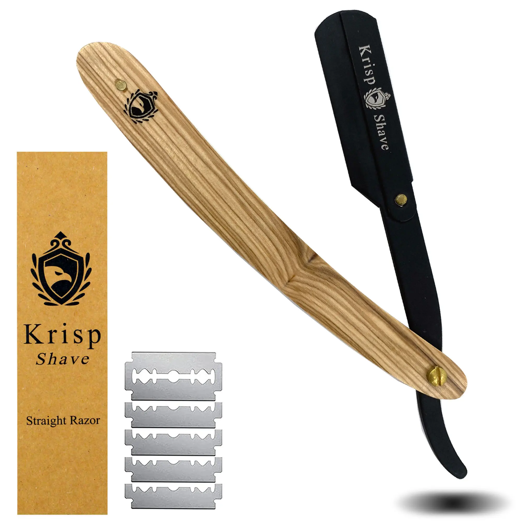 Barber Salon Quality Stainless Steel Straight Edge Shaving Razor - Professional Wet Shave Manual Shavette Razor for Men with Krisp Beauty Natural Wood Handle - Includes 5 Double Edge Blades for Safety and Comfort Smooth